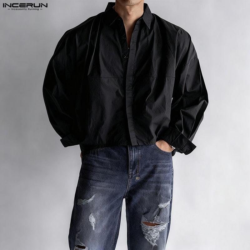 INCERUN Oversized Men Lapel Neck Long Sleeve Casual Loose Cropped Shirts