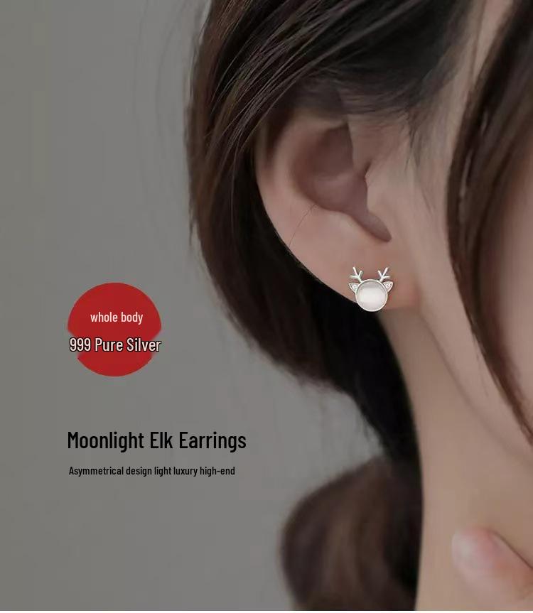 Pure Silver Korean Minimalist Antler Stud Earrings - Sweet Moonlight Reindeer Christmas Design