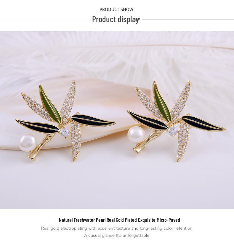 Elegant Chinese Freshwater Pearl & Bamboo Brooch with Zircon Accents - Women's Luxury Suit Accessory