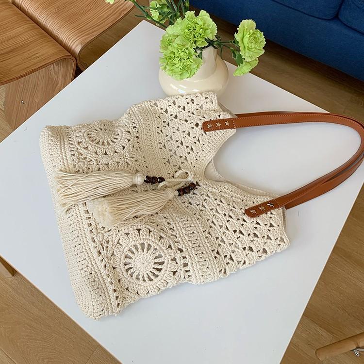 Large Capacity Single Shoulder Cotton Thread Woven Bag, Women's Hollow Mesh Tote Bag, Beach Vacation Beach Bag