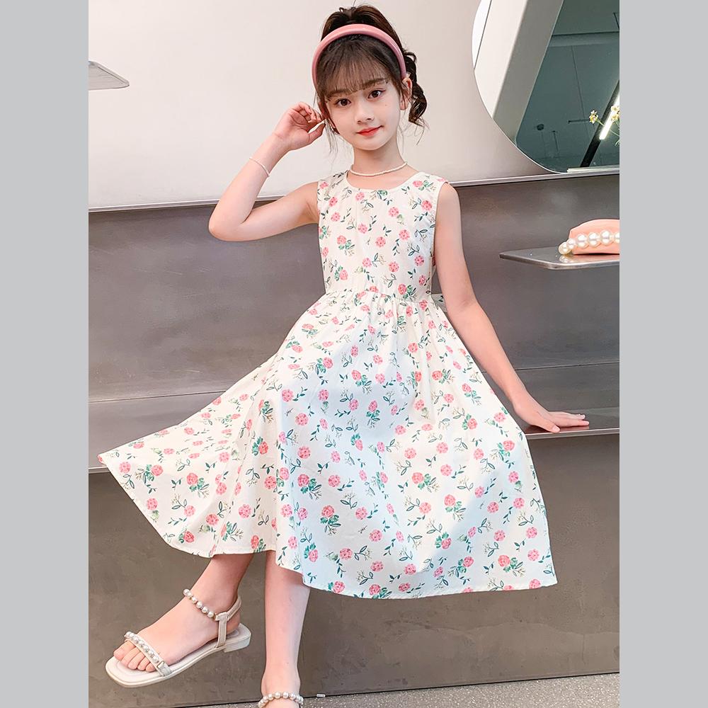 

Платье без рукавов с цветочным принтом для девочки, детское, повседневное, летнее, пляжное, сарафан, платья принцессы, одежда 160 белый