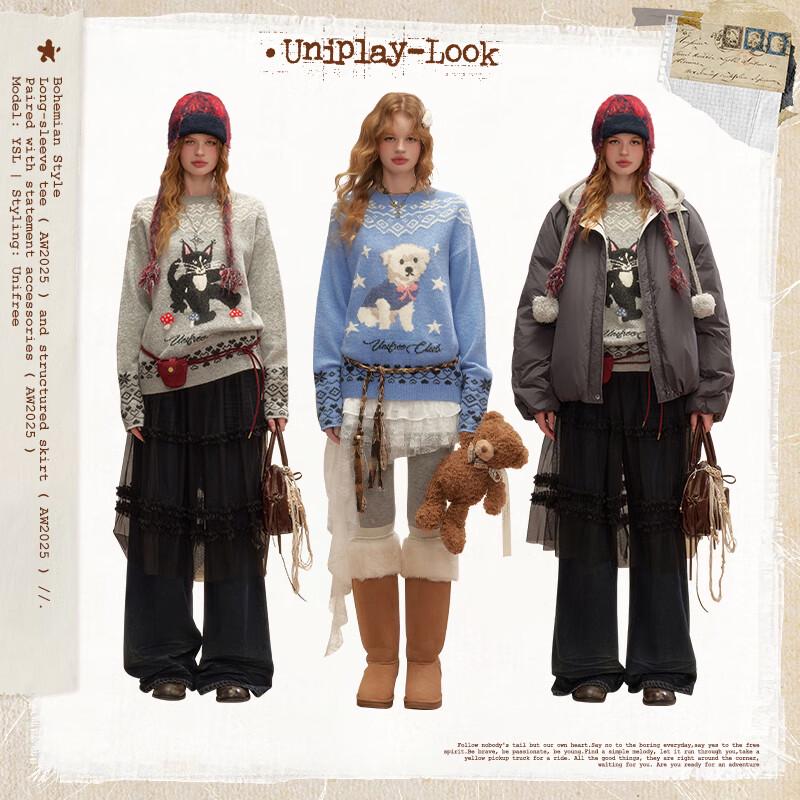 UNIFREE Retro Cat Jacquard Colorblock Pullover Sweater