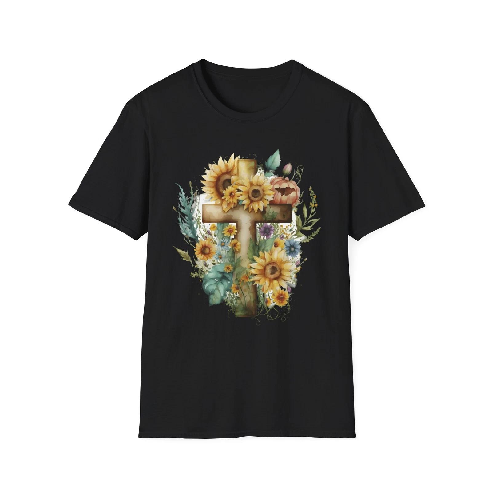 Floral Cross T-Shirt, Faith Tee, Sunflower Graphic Shirt, Christian Apparel, M