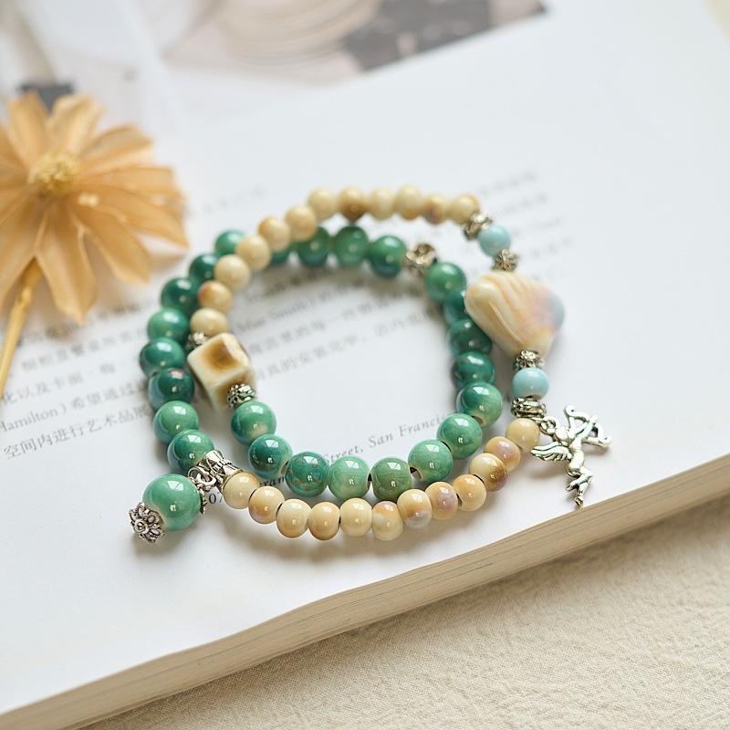 Jingdezhen Ceramic Bracelet New Chinese Style Student Antique Double Circle Beaded Bracelet Jewelry Hand-woven