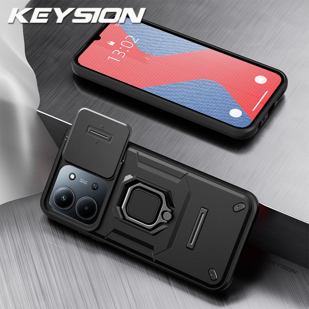 KEYSION Shockproof Armor Case for Redmi 15C 171mm 173mm Slide Camera Lens Protection Metal Ring Stand Phone Back Cover for POCO C85