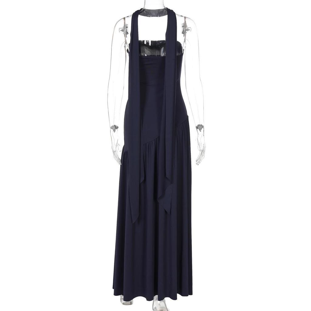European & American Elegant Off-Shoulder Slim Fit Slit Dress with Ribbon Back