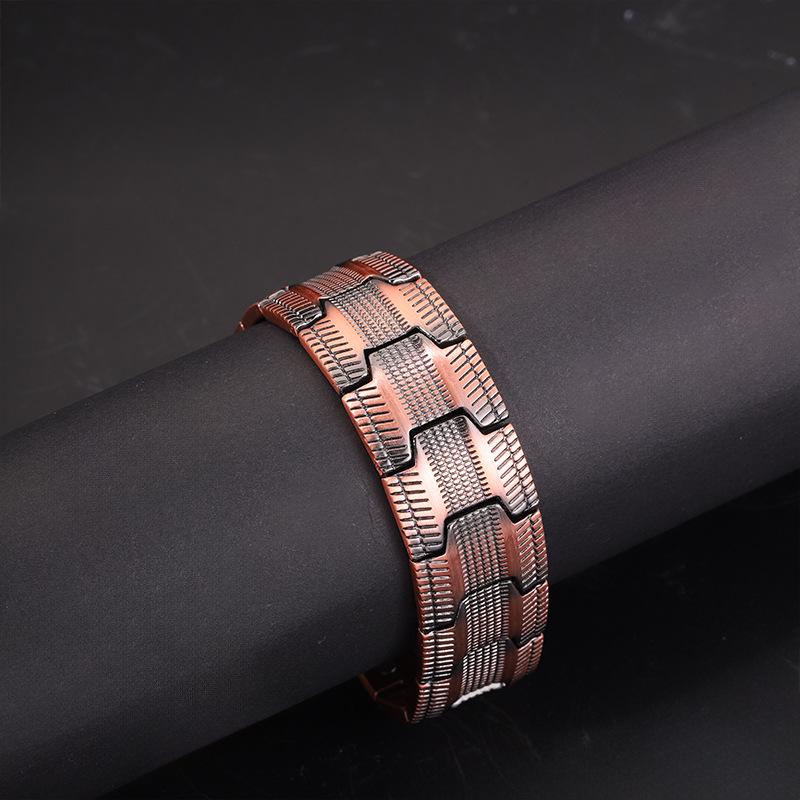 Brățară Magnetică Lată Retro pentru Bărbați, Cupru Roșu, Stil European și American, Bandă Magnetică pe Trei Rânduri.