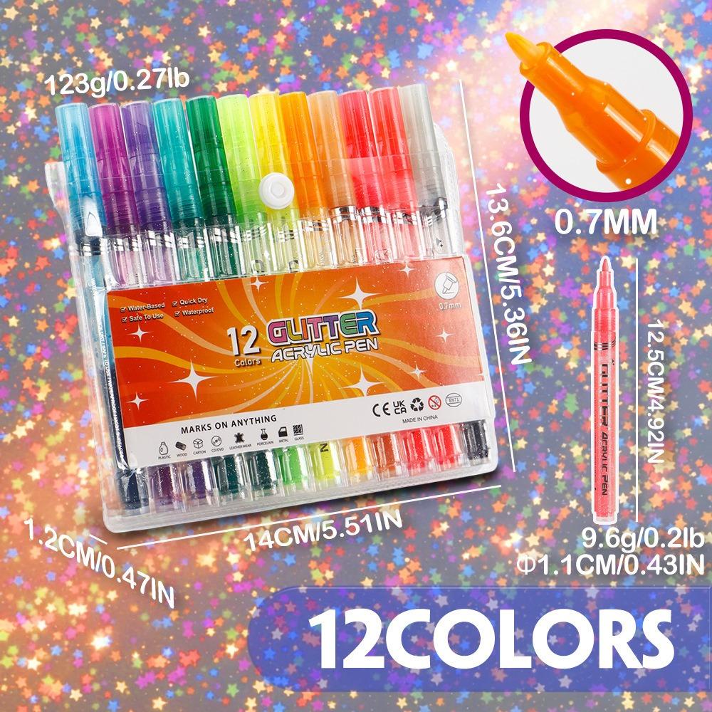 New 12/24Colors Glitter Pen Water-Based Quick-Drying Acrylic Pen Set DIY Graffiti Drawing Art Markers Pen Stone Wood Calligraphy