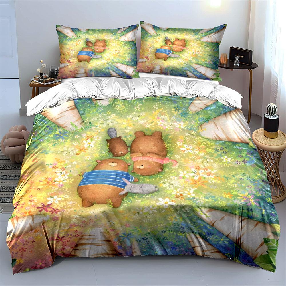 Cartoon Family Picnic Set Multiple Sizes Kid'S And Adults' Bedroom Exquisite 3Pc Bedding Set, Gift