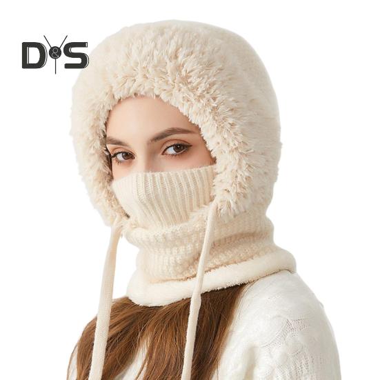 

Женская зимняя шапка со встроенным шарфом, защищающая от холода, спереди, плотная трикотажная теплая однотонная шапка для полной защиты от холода, для езды на велосипеде и путешествий бежевый