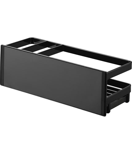Yamazaki Magnetic Sponge & Dispenser Rack with Tray, Black, Approx. W25.5 x D9.5 x H9cm, Tower Sponge Holder with Hooks, Floating Storage, Model 3973