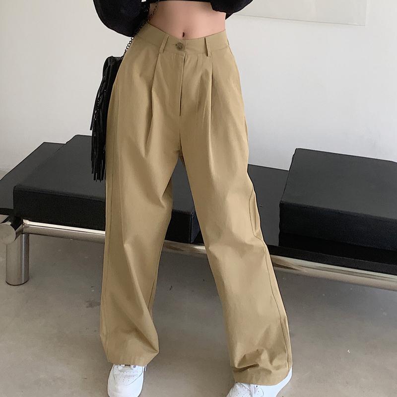 

Модные новые прямые широкие брюки с высокой талией, женские однотонные свободные повседневные длинные брюки-карго, женские элегантные простые облегающие офисные женские брюки 25980 L хаки