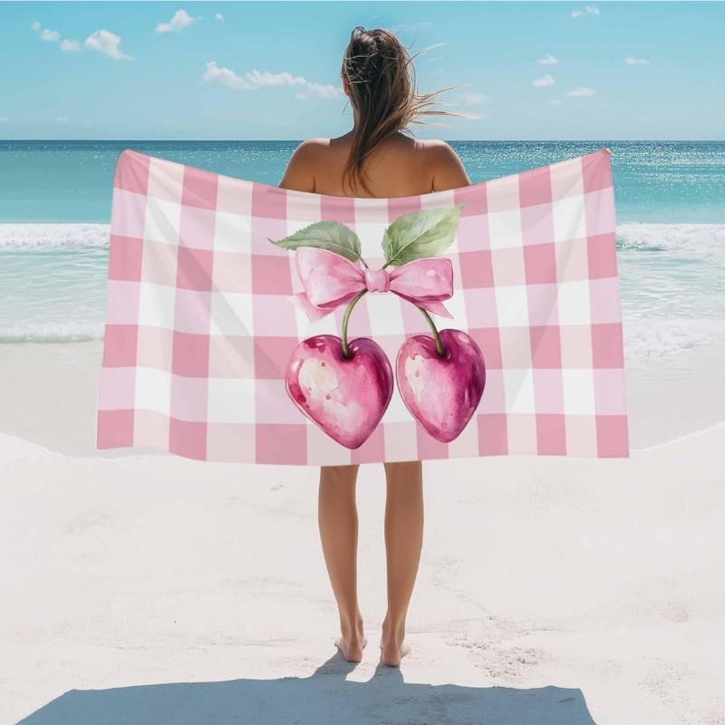 

Spring Cherry Fruit Beach Towel Sandproof,Absorbent & Quick Dry Microfiber Towels,Farmhouse Buffalo Plaid Pink Bow Lightweight W30*H60(CM)