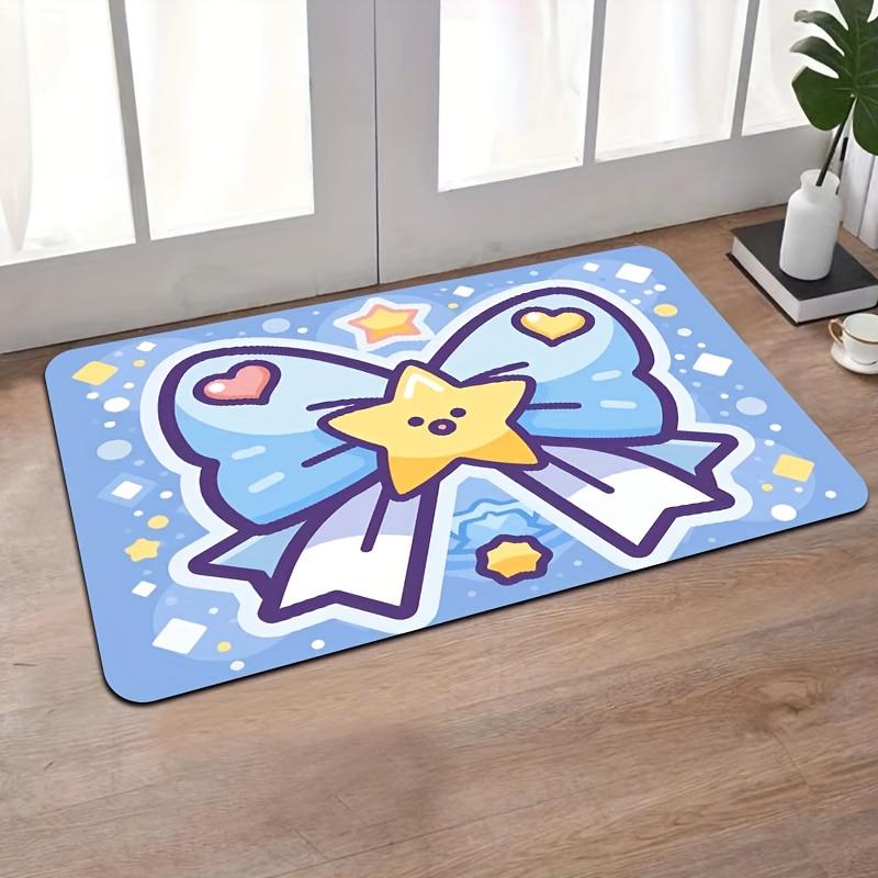 Cute Star with Bow Door Mat, Kawaii Cartoon Floor Rug, Pastel Blue Entryway Mat for Kids Room, Soft Non-Slip Decor