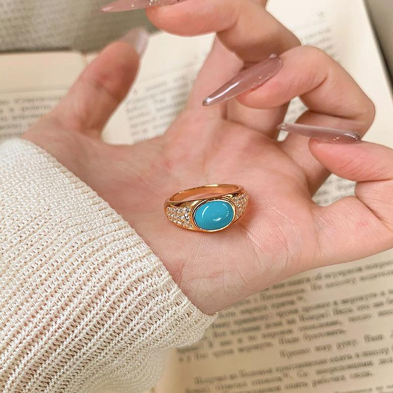 Charm diamond inlaid retro rings for women New in oval turquoise Ring adjustable opening simple suitable for daily  gifts