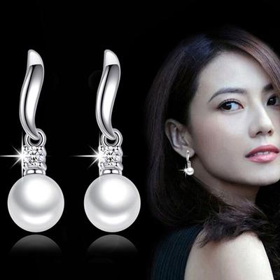 Womens Korean Fashion Elegant Simple Anti-allergy Zircon Crystal Pearl Dangle Drop Tassel Ear Stud Earrings Female Eardrop Ladies Jewelry Gift