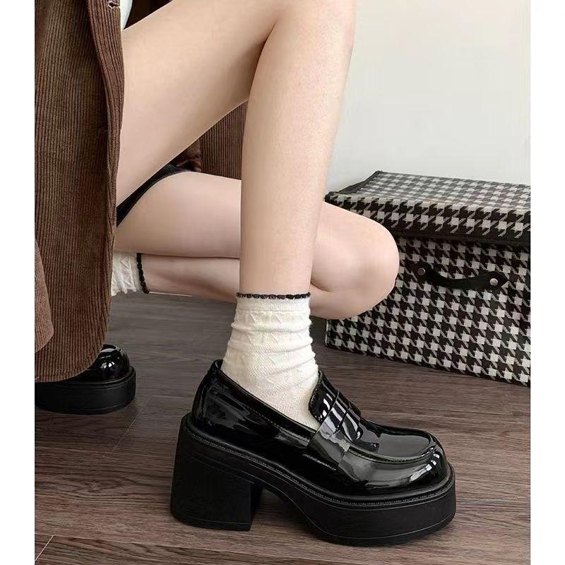 Black French loafers summer 2025 new thick heel high heel retro British style heightened platform small leather shoes women