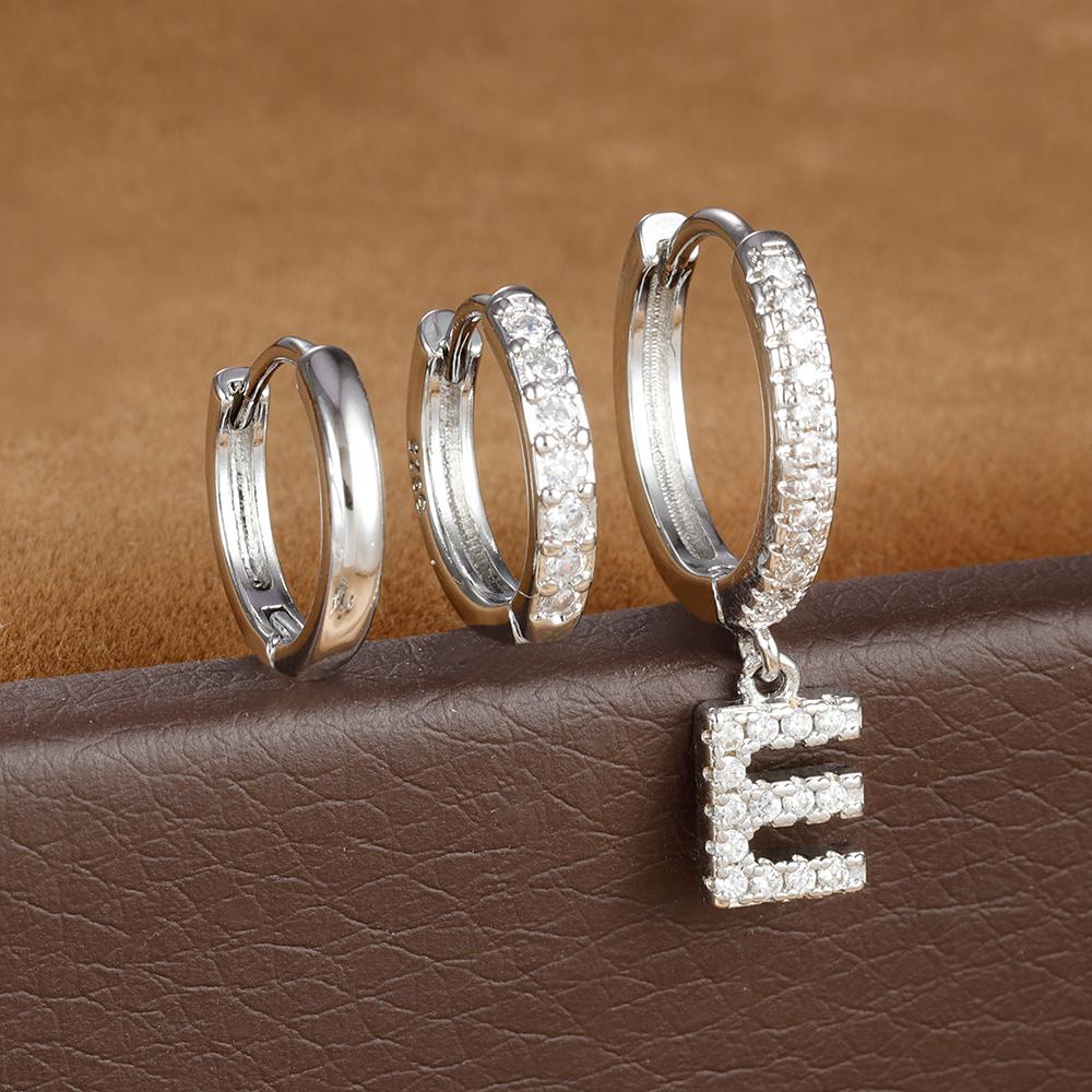 3pcs Silver Color Stainless Steel 26 Letters Hoop Earrings Set For Women A-Z Crystal Zircon Geometric Earrings Wedding Jewelry