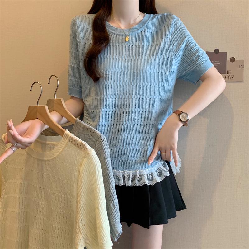 

Plus Size Lace-Style Ice Silk Knit Tee, Drop Shoulder, Short Sleeve, Hollow Out, Slimming, Versatile Summer Top for Women Double XL абрикосовый