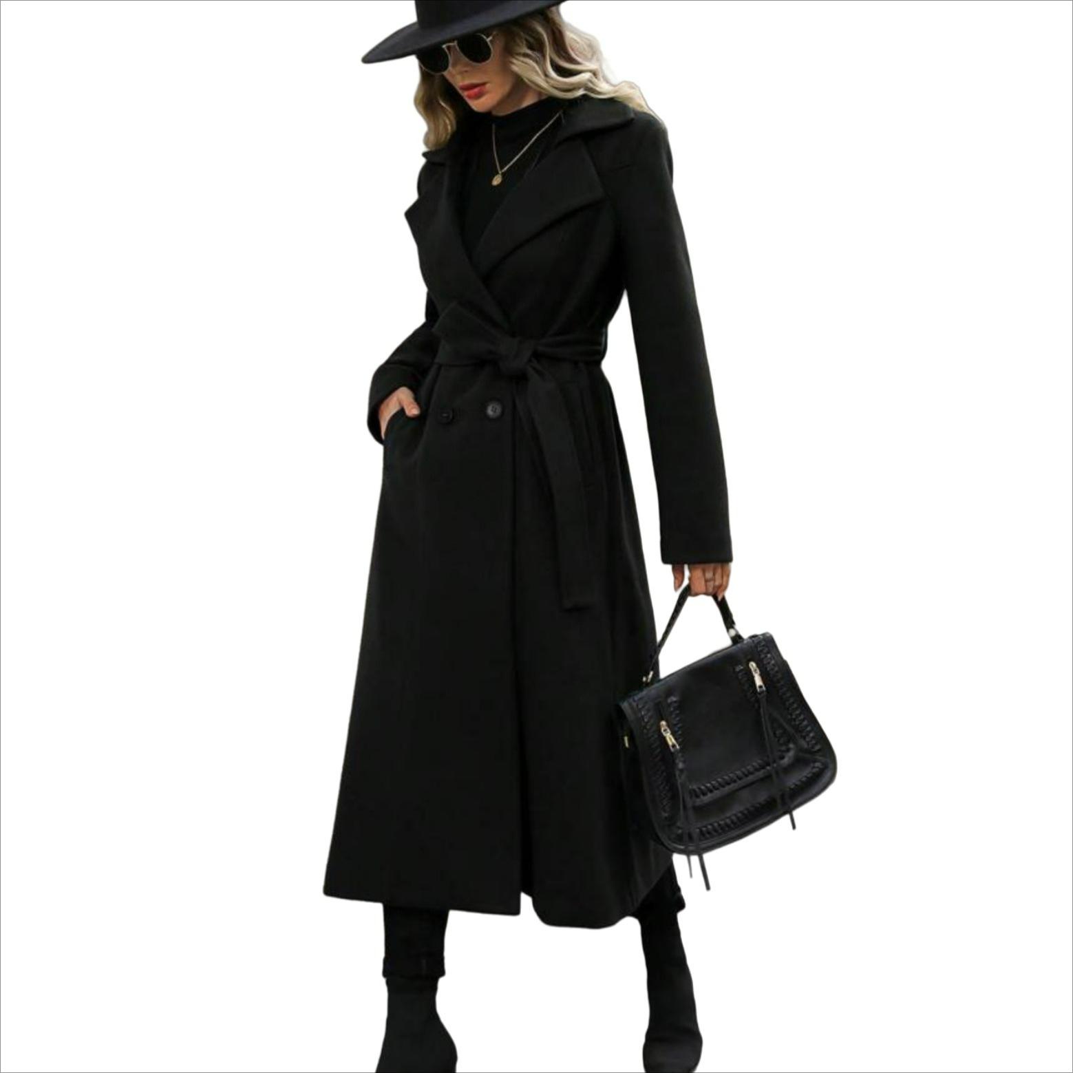 

Lapel Woolen Lace-up Double-breasted Extended Coat Coat Women s Windbreaker XS чорний