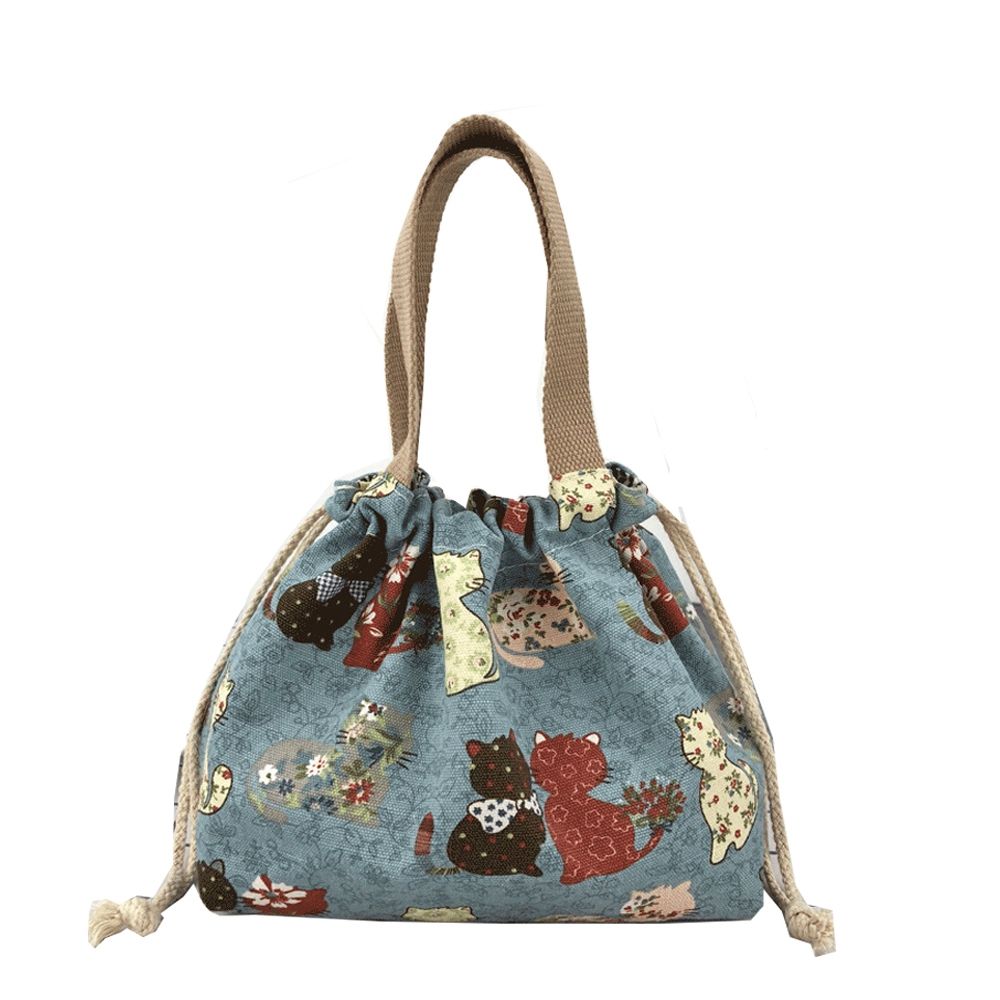 

Waterproof Women Kids Picnic Drawstring Cartoon Animal Pattern Lunch Bag Storage Bag Handbag blue-cat