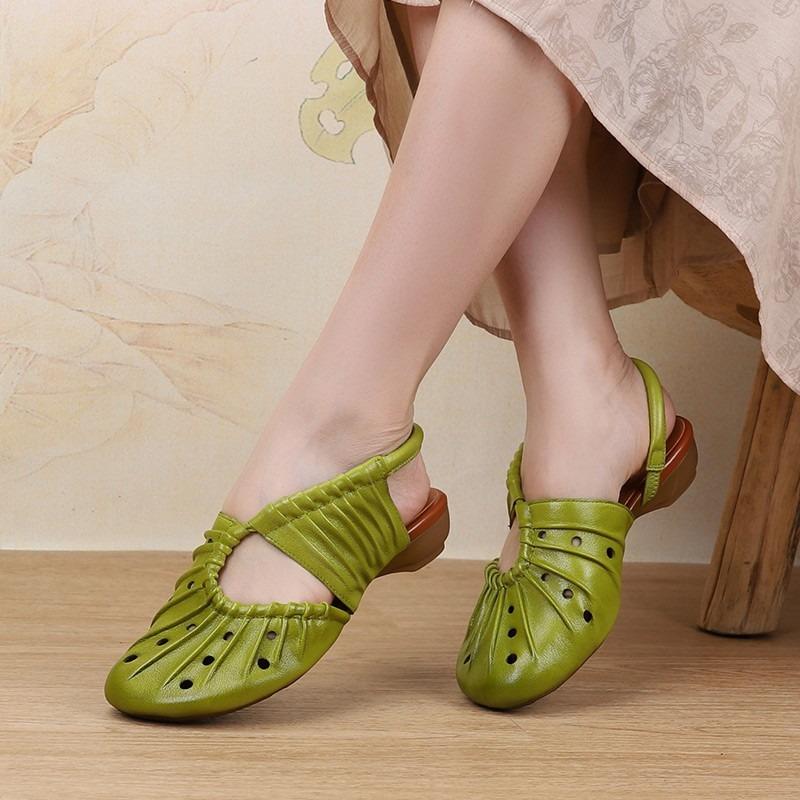 Fashion 2025 Summer New Cowhide Roman Sandals for Women Retro Pleated Braided Hollow Women Flat Shoes Fashion Comfort Sandals Sandalia