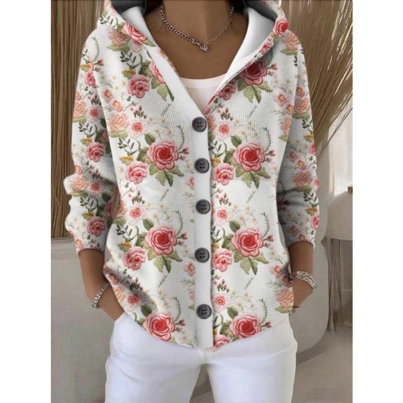Women S Printed Button Knit Hooded Cardigan Sweatshirt Casual Loose Outerwear
