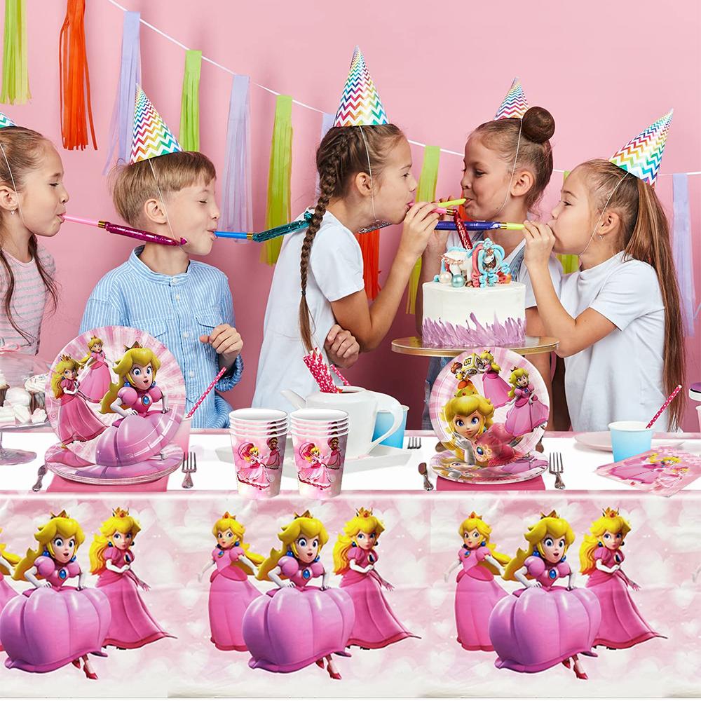 51PCS Princess Peach Party Tableware Include Tablecloth Paper Plates Napkins Cup