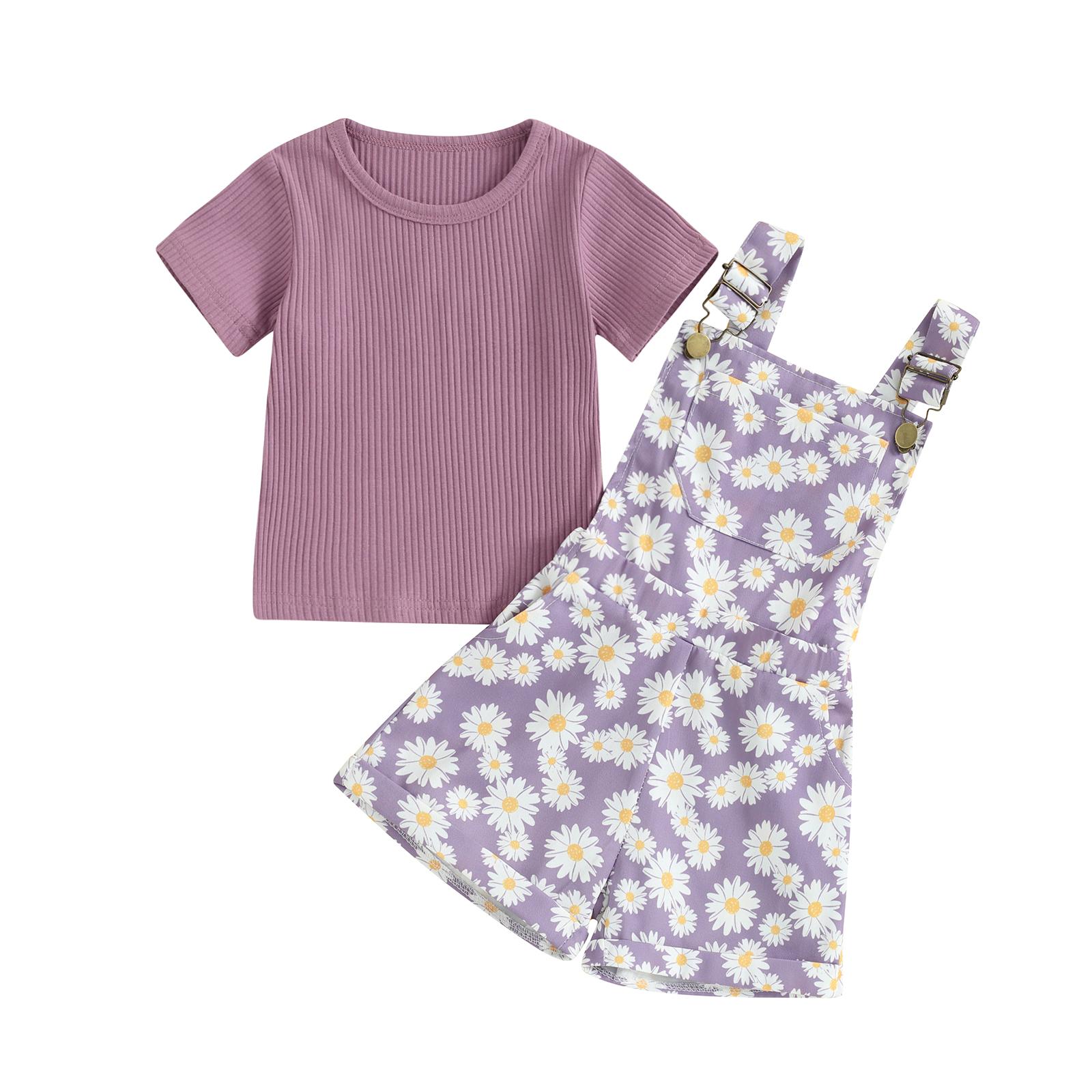 

Шорты для маленьких девочек, однотонная футболка в рубчик с короткими рукавами и принтом ромашки, комбинезон, шорты, 2 предмета, летняя одежда