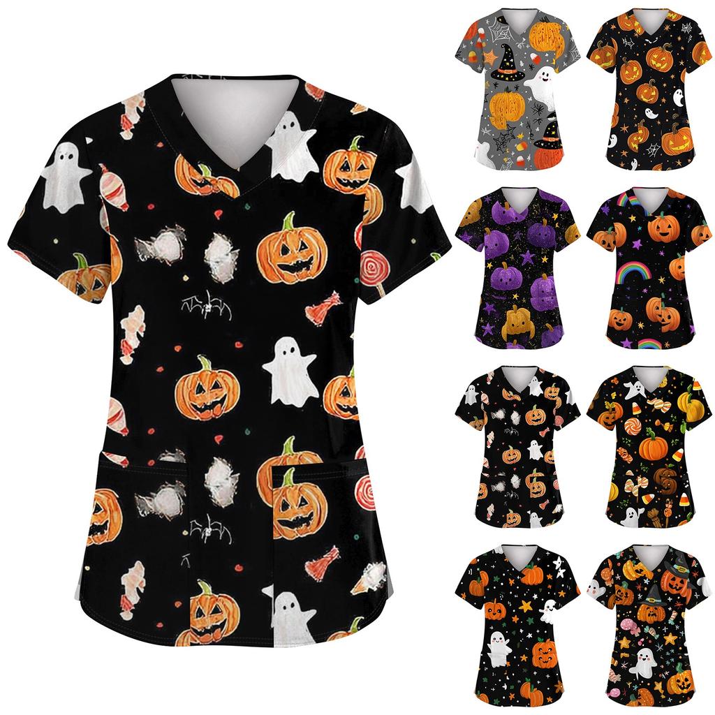 Women's Fashion Short Sleeve Halloween Printed V-Neck Pocket Workwear Tops