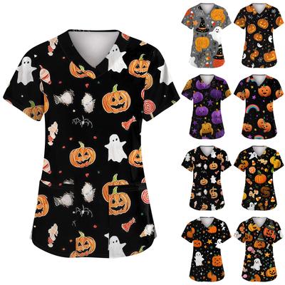 Dámská móda Krátký rukáv Halloweenský potisk Výstřih do V Kapsa Pracovní topy