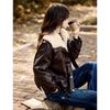 XINFEIYU Women's Winter Faux Lamb Wool Lined PU Leather Lapel Coat