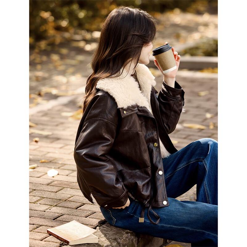 XINFEIYU Women's Winter Faux Lamb Wool Lined PU Leather Lapel Coat