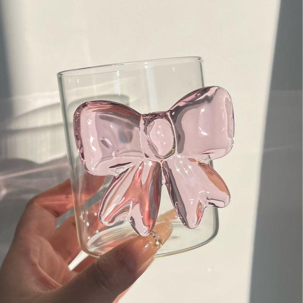 1Pcs Pink Bow Knot Glass Cup Coffee Milk Fruit Cup Heat-resistant Glass Drinks Mug Cups 13oz 400m Lovely Cup