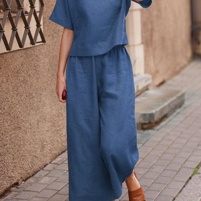 Summer Solid Color Wide-leg Trousers Suit Casual Temperament Two-piece Set for Women