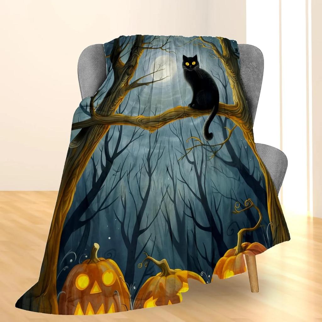 Spooky Halloween Throw Blanket – Black Cat, Pumpkin, Ghost & Skull Print for Decor, Couch, Bed, Car, Home, Camping, All-Season
