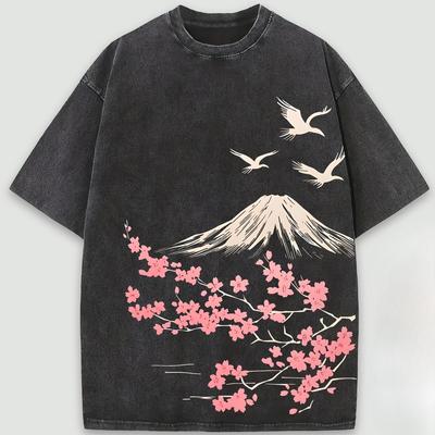 2026 Hot Sale Washed Vintage Mount Fuji Sakura Graphic T Shirt Crane Cherry Blossom Art Print Unisex Cotton Crew Neck Short Sleeve Men Street Tee Top