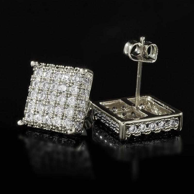Hip Hop Style Copper Micro-Inlaid Zircon Square Stud Earrings Hiphop Trendy Cool Earrings
