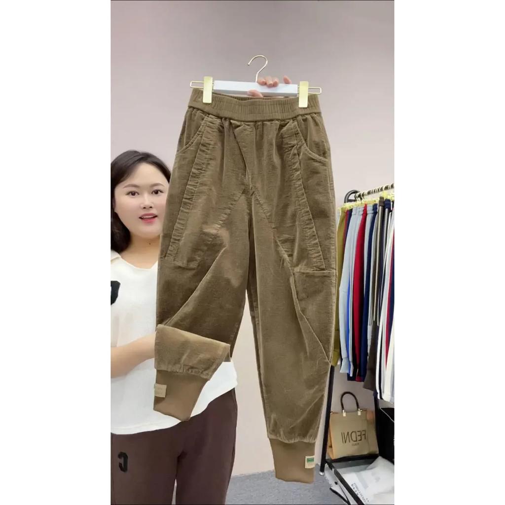 Damen Frühling Herbst Einfarbig Cordhose Elastischer Bund Haremshose Lässig Bündchenfuß Hose Damen