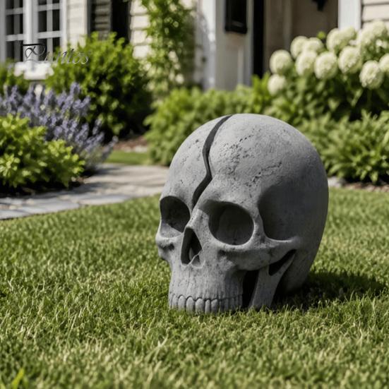 Gothic Resin Ornament Cracked Skull Garden Solar Light, LED Statue Spooky Industrial Table Decor Ornament, Halloween Decoration for Haunted House Bar