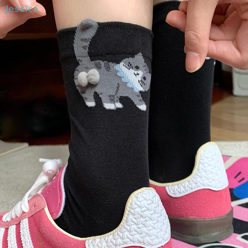 1Pair Cartoon Cat Socks With Balls 3D Kitten Print Comfortable Middle Tube Socks For Women Girls