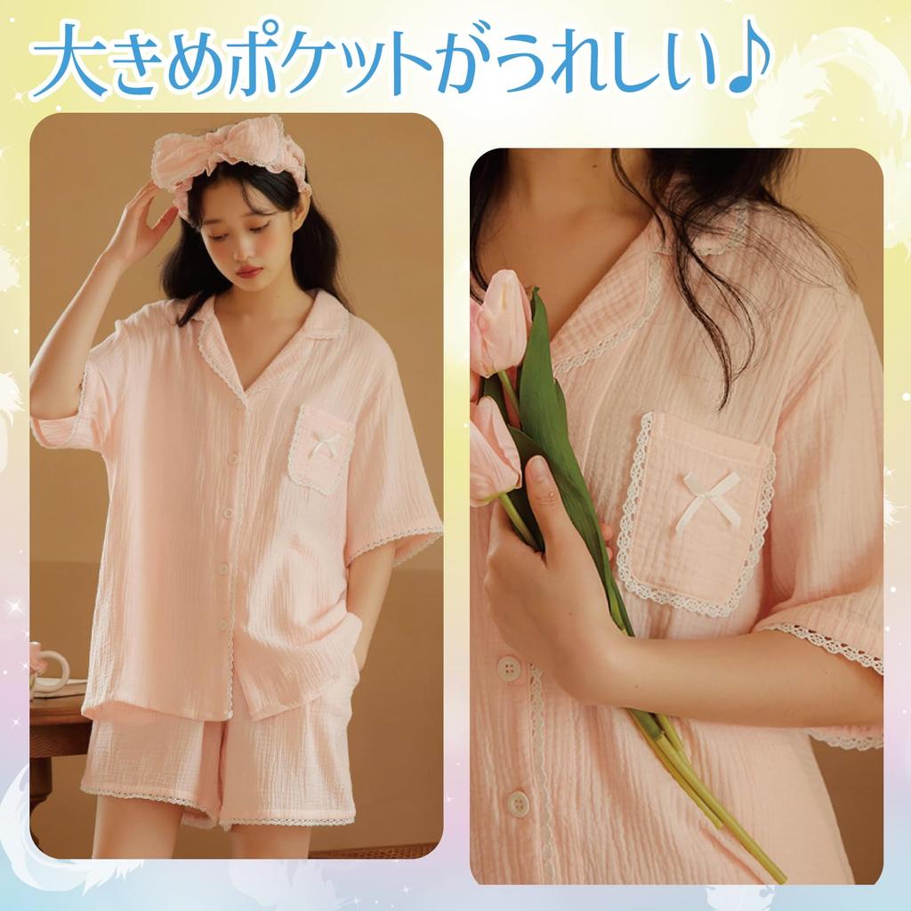 RAVIR Cotton Double Gauze Short Sleeves and Shorts Breathable and with Lace Size M Women's 100% Pajamas, Set, Moisture-Wicking Trim, Pink,