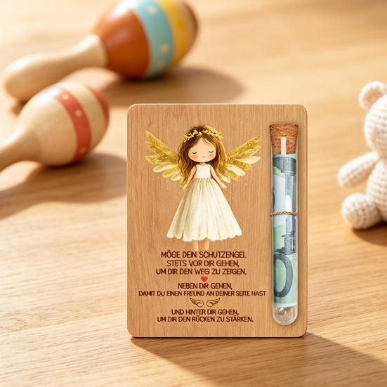 Engels-Holz-Geldkarte mit Reagenzglas-Schlitz Taufe Geburtstagsgeschenk für Jungen Mädchen Taufe Andenken Geldhalter Einzigartiges Erstkommuniongeschenk