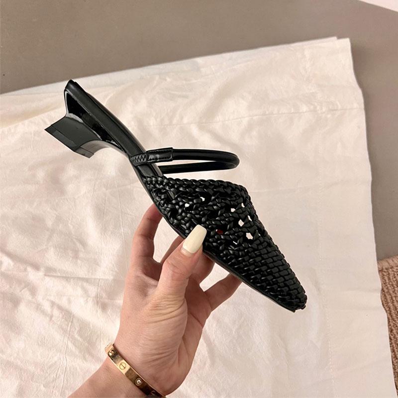 Fashion New In Spring Summer Medium Heels Slippers Shoes For Ladies Fashion Weave Women Heeled Slippers Sandals Female Slides Mules