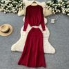 Autumn Winter Women Knitted Sweater Two Piece Set Full Sleeve V-neck Cardigans Coat and Long Midi A-line Skirt Outfits
