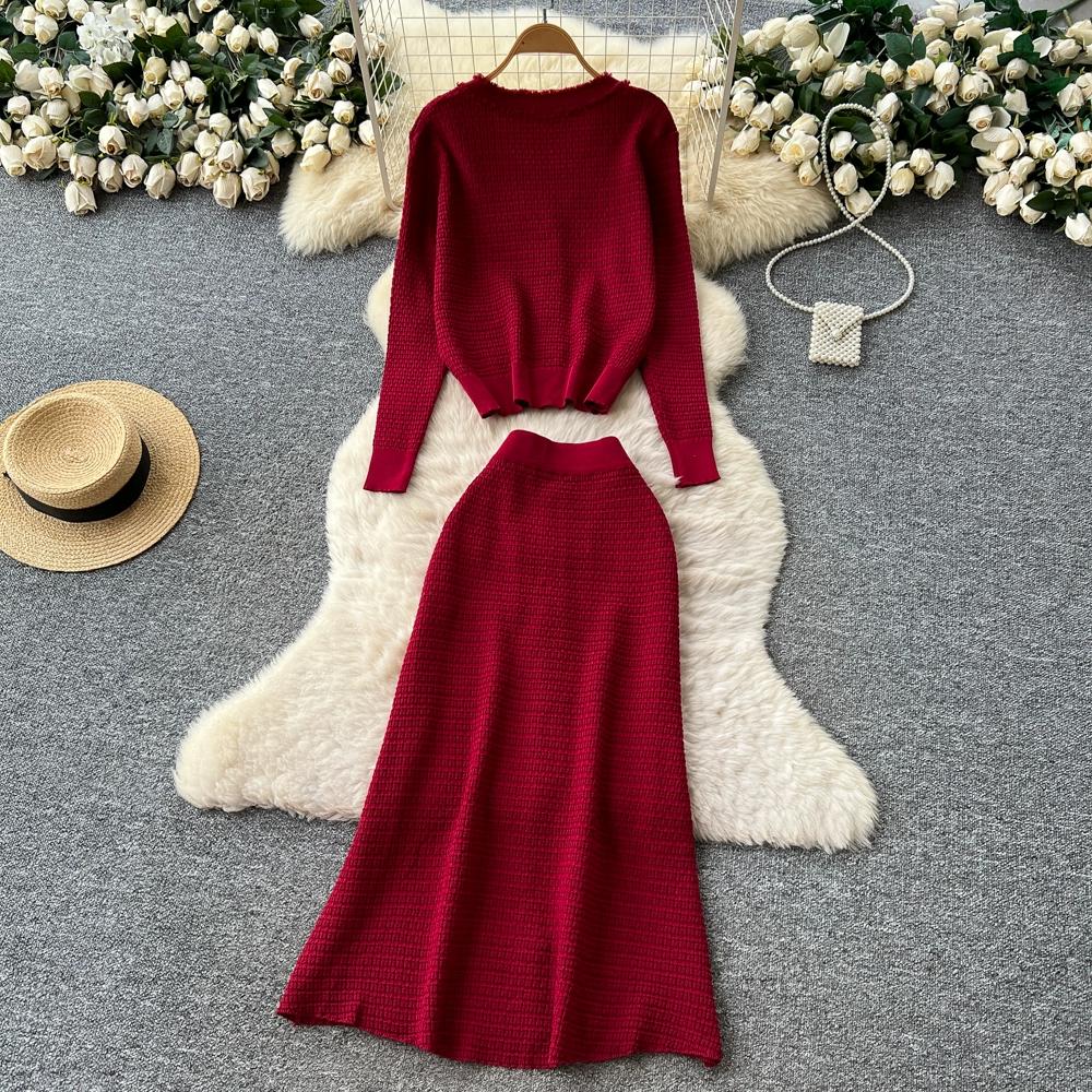 Autumn Winter Women Knitted Sweater Two Piece Set Full Sleeve V-neck Cardigans Coat and Long Midi A-line Skirt Outfits