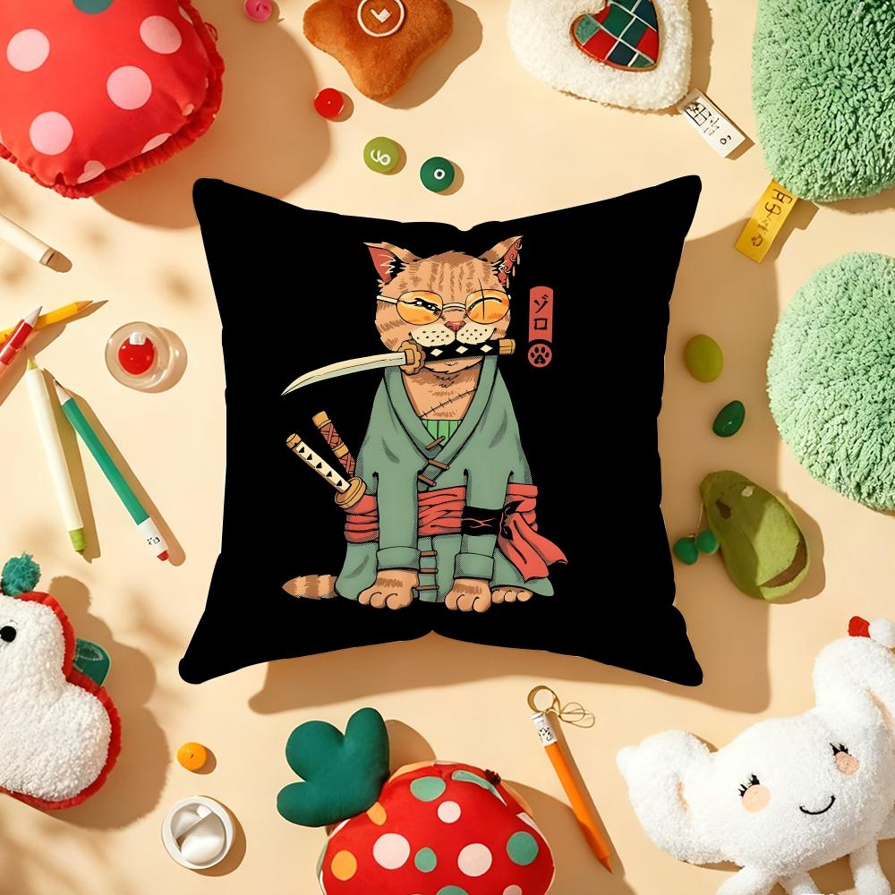 Japanese Style Samurai Cat Cushion Cover Plush Fabric Soft Double-Sided Printed Sofa Warm Winter Home Gift Pillow Cover