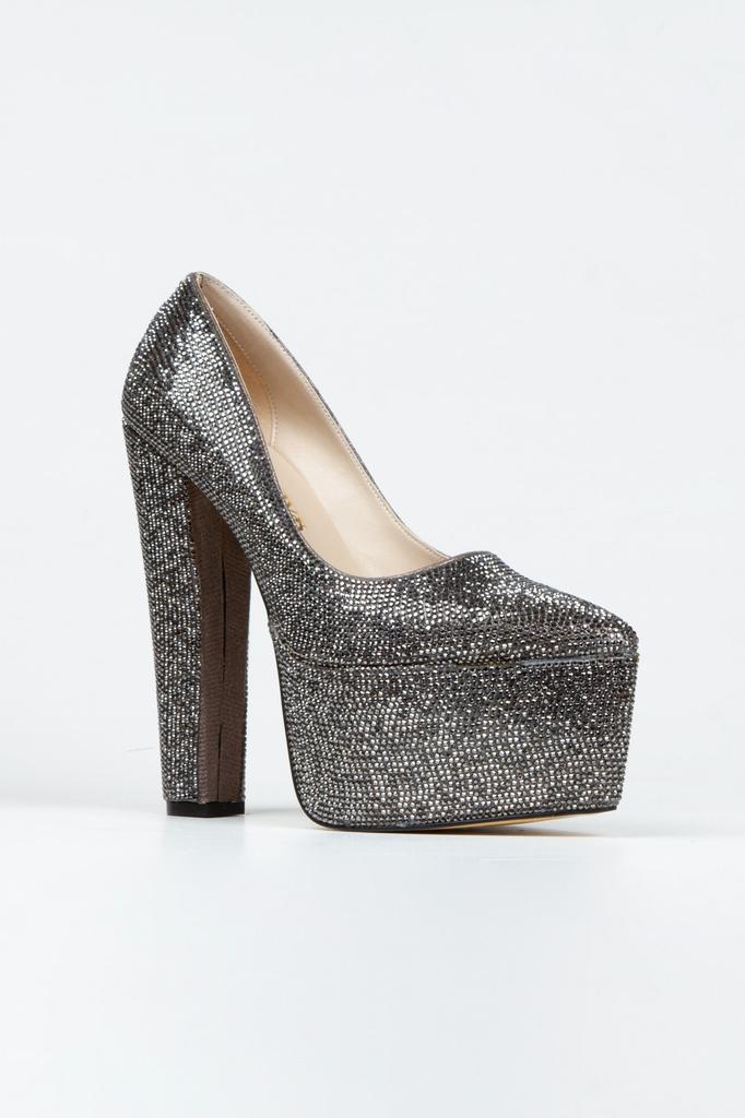 Women's Fashion Platinum Full Stone Classic Pointed Thick Heeled Pointed Platform Evening Dress Shoes For Party