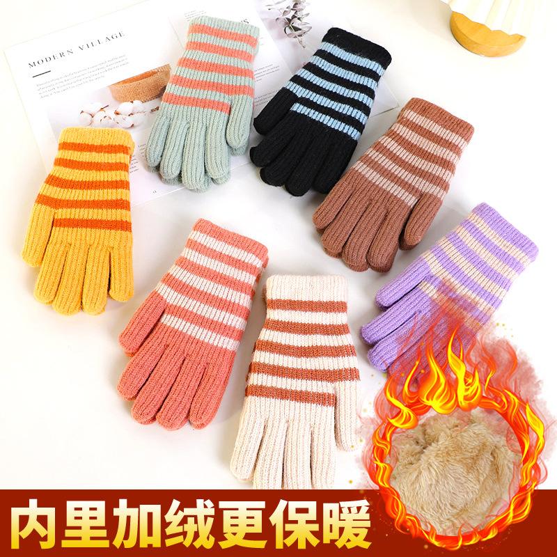 Cute Knitted Gloves Women Winter Thickened Warm Riding Electric Car Full Finger Students Writing Winter AY
