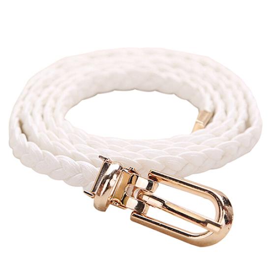 Women Braided PU Leather Narrow Thin Buckle Strap Waist Belt All-Match Waistband